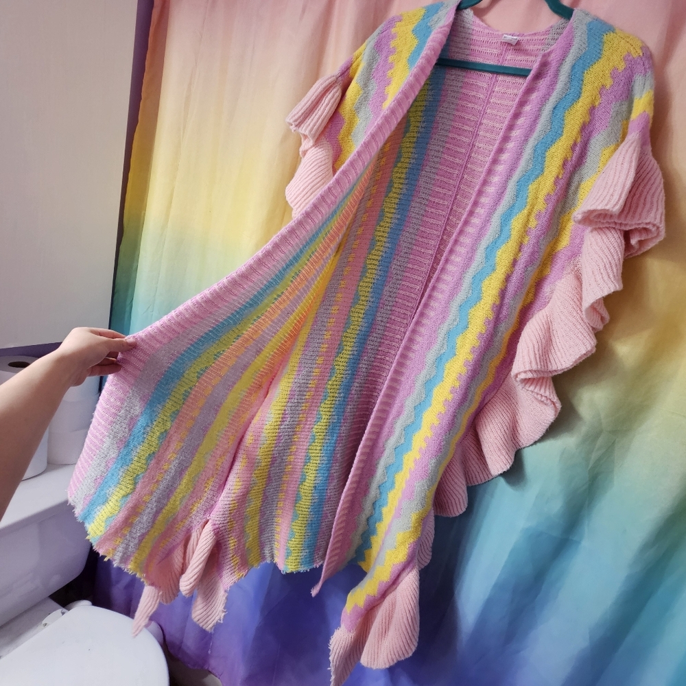 Pastel Rainbow Kawaii Fairy Kei Frilly Open Front Longlike Cardigan Sweater - Picture 4 of 7